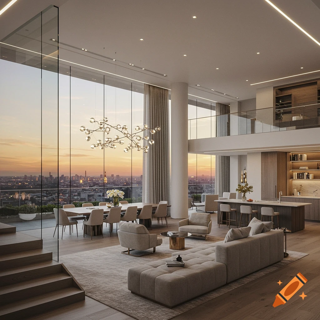 A luxurious modern apartment interior with large windows overlooking a city skyline at sunset, featuring a living room, dining area, and kitchen.