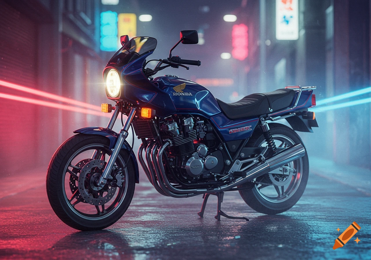 A blue 1980s Honda motorcycle with a prominent headlight is parked on a wet street at night, illuminated by neon red and blue lights reflecting off the ground.