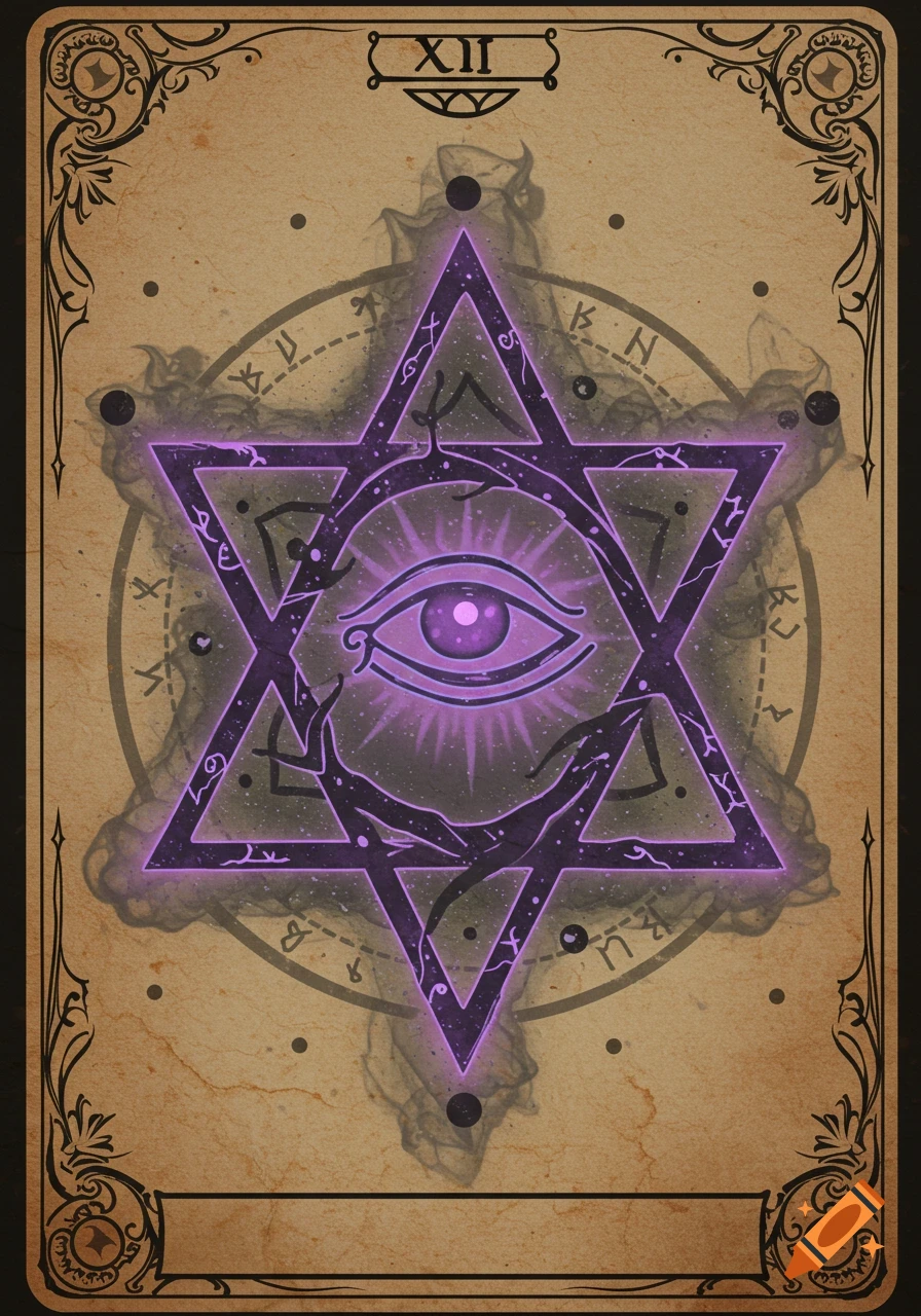 Vintage-style tarot card with a glowing purple heptagram enclosing an open eye, framed by ornate borders.
