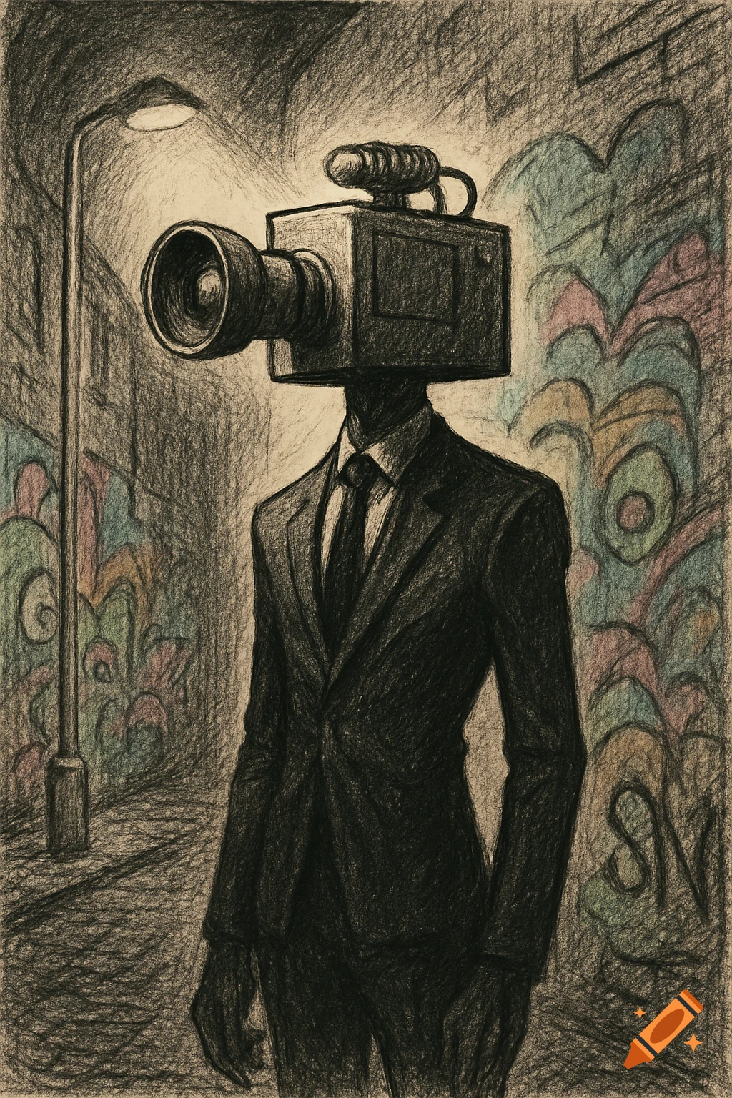Hand-drawn illustration of a figure in a suit with a video camera for a head, standing under a street light in a dark, textured, urban setting.