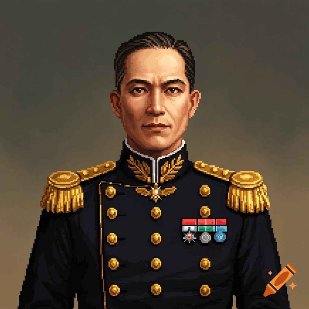 Pixel art portrait of a man in a black 1930s military uniform with gold epaulets and buttons.