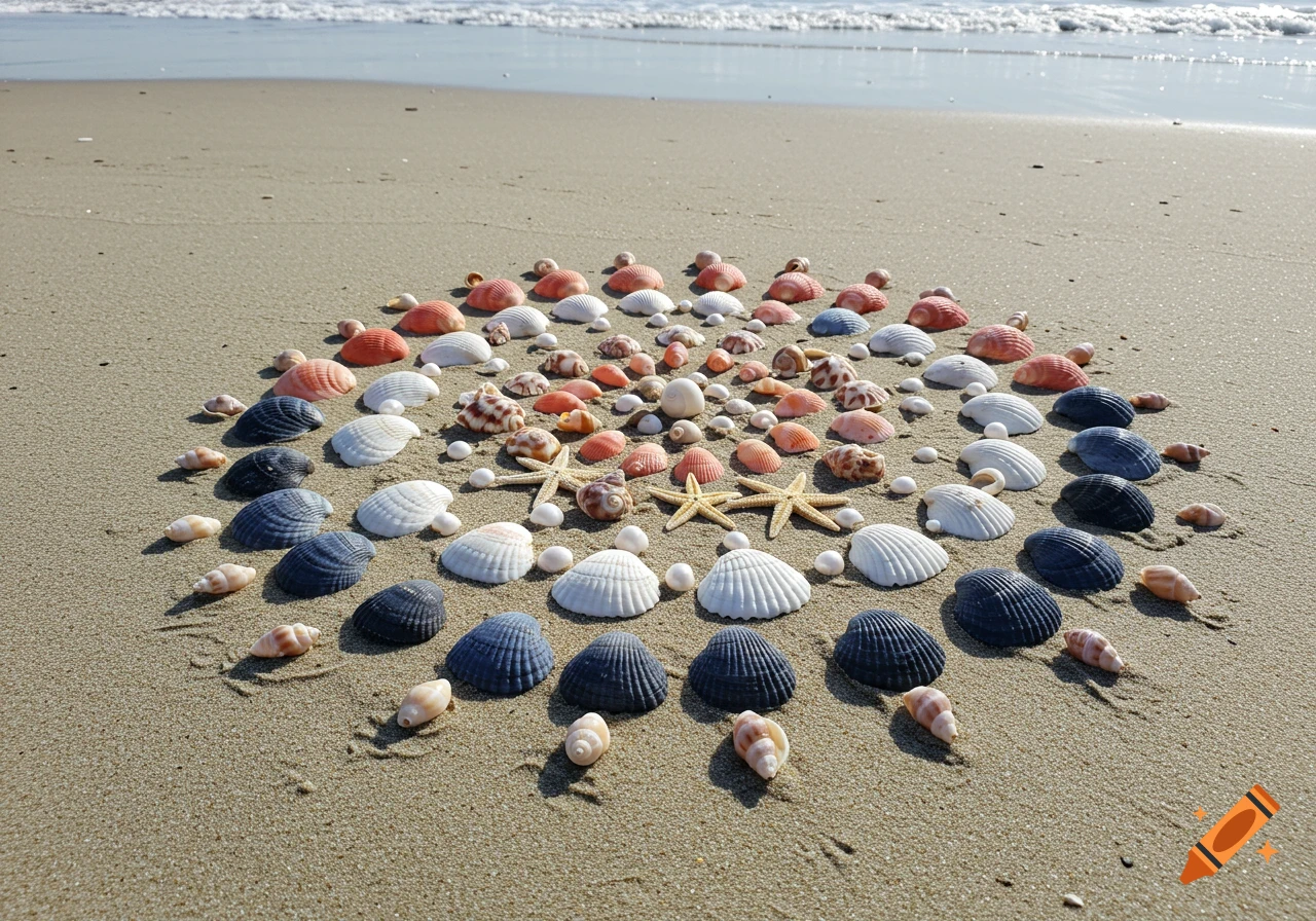 A circular arrangement of white, blue, and pink seashells and starfish on a sandy beach with ocean waves in the background.