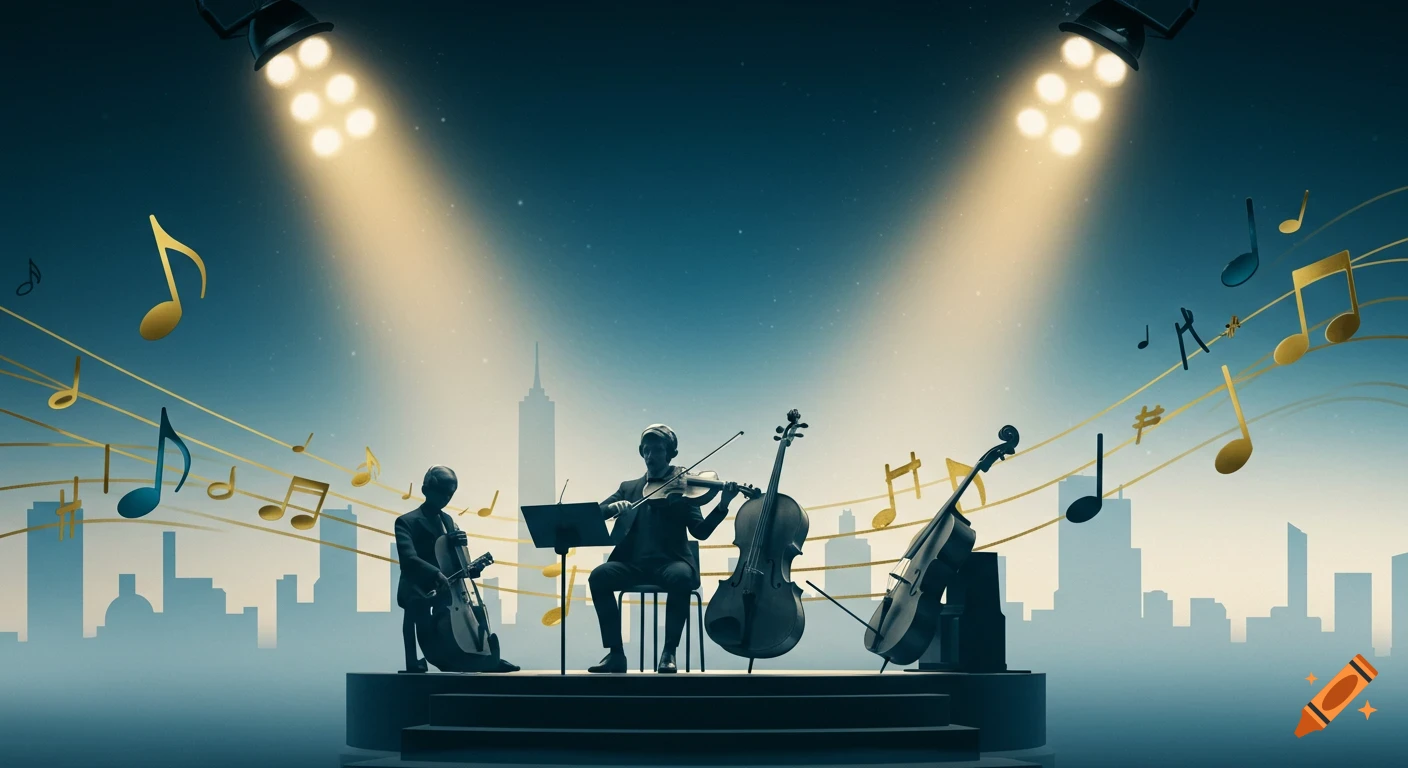 Silhouetted musicians play string instruments on a stage under spotlights, with musical notes floating around, against a cityscape background.
