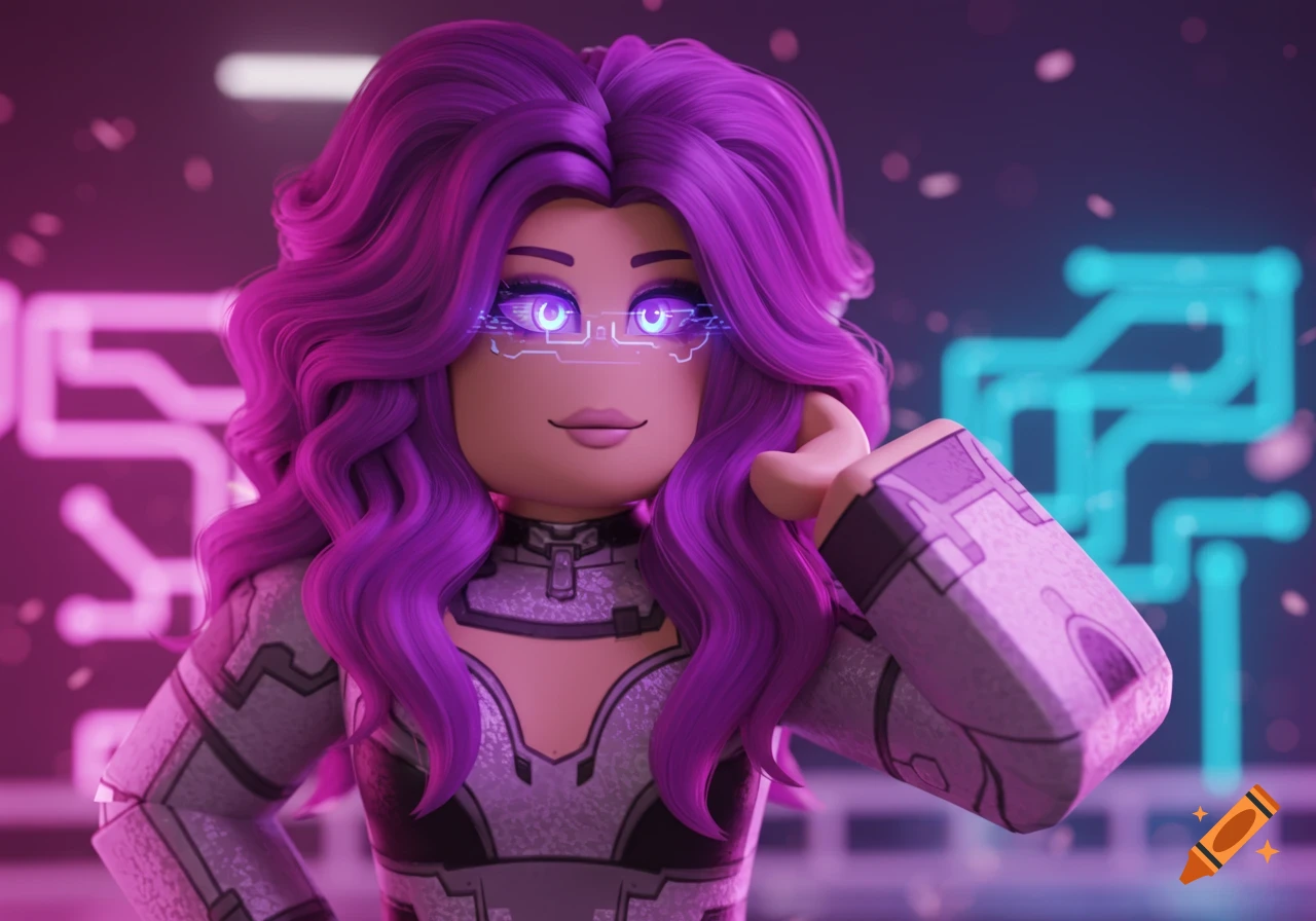 A Roblox avatar with vibrant purple hair and glowing purple eyes, wearing a grey and black futuristic suit, against a dark background with neon circuit patterns.