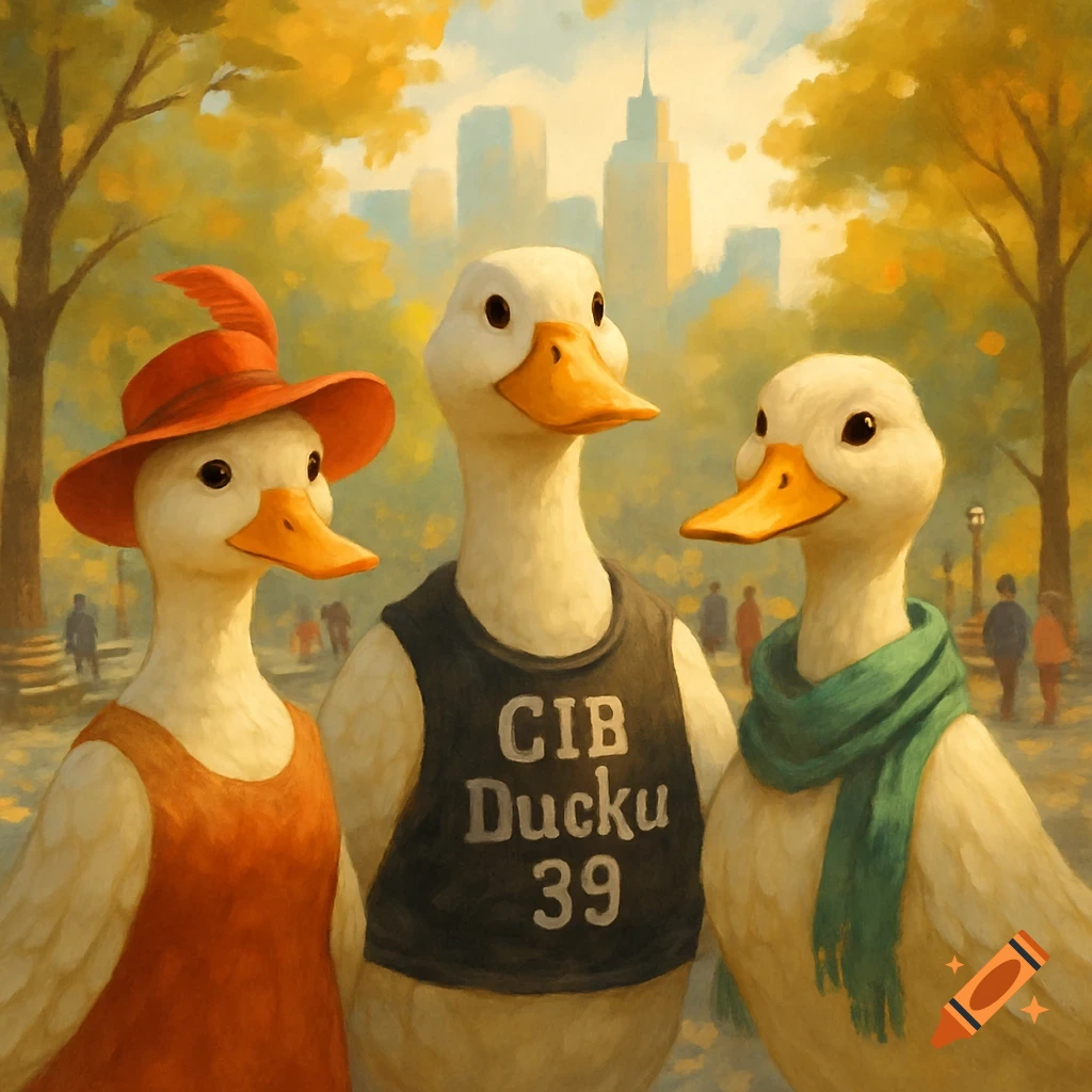Three anthropomorphic ducks, one in a red hat, one in a black vest, and one in a green scarf, in a park with a city skyline, in a painterly style.
