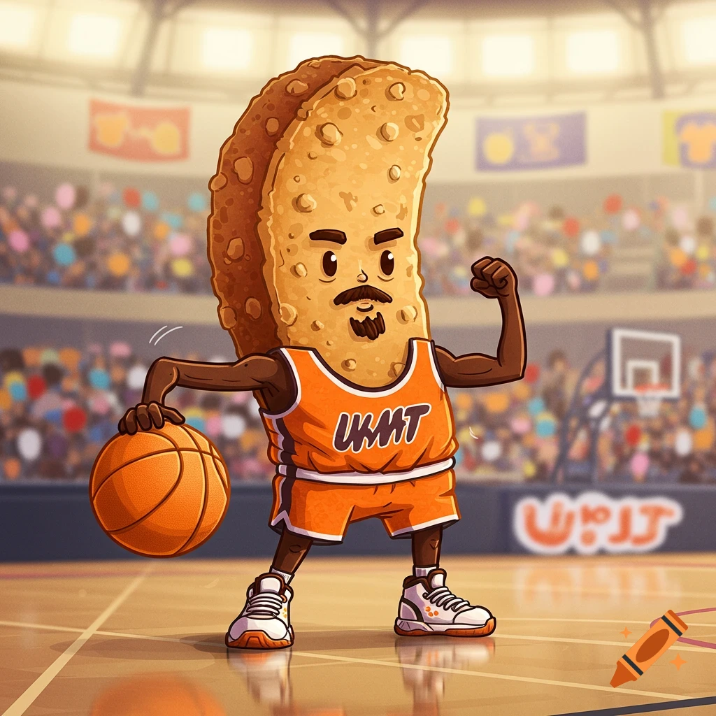 A cartoon biscotti character with a goatee, wearing an orange basketball jersey and shorts, dribbling a basketball on a court in a stadium filled with spectators.