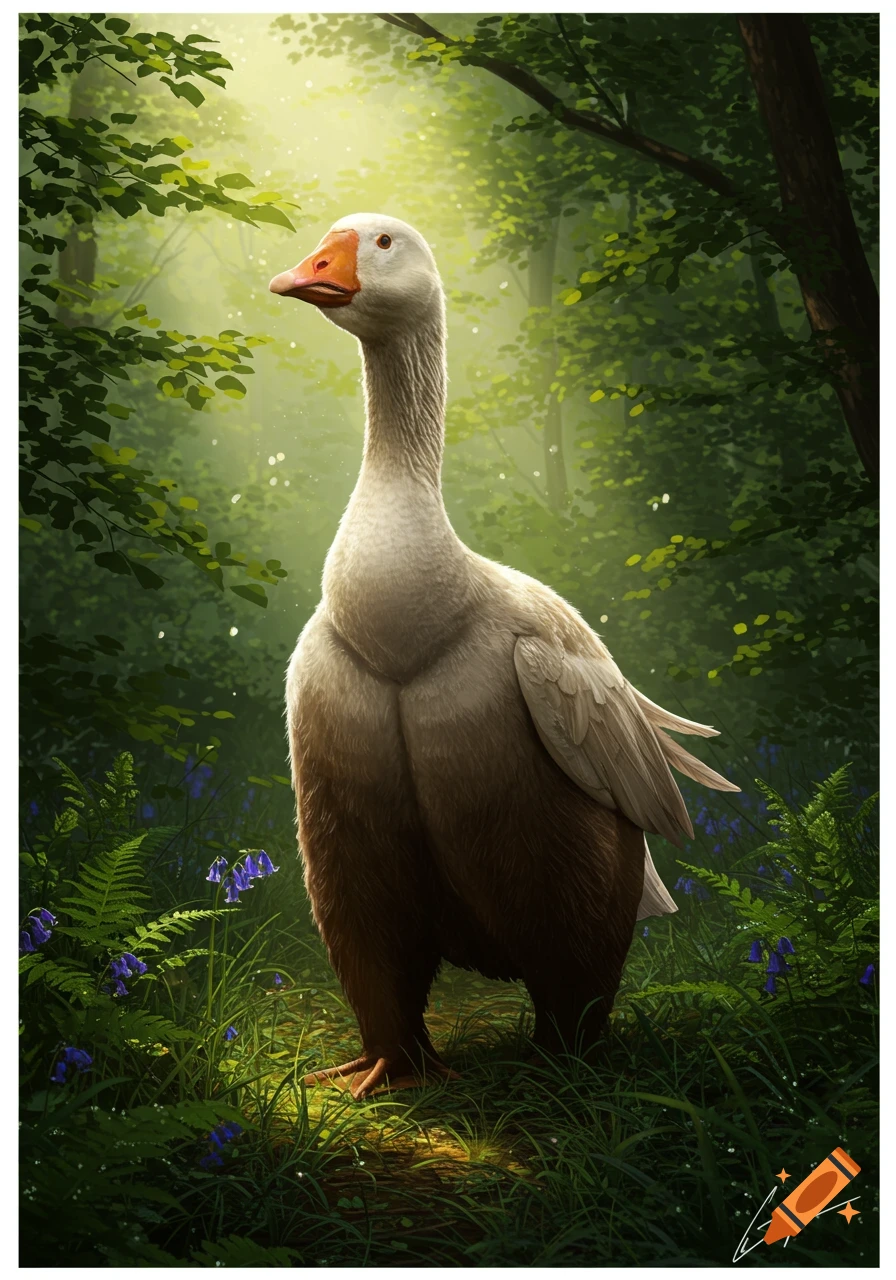 A fantasy creature, part goose part bear, stands in a sunlit forest with bluebell flowers.