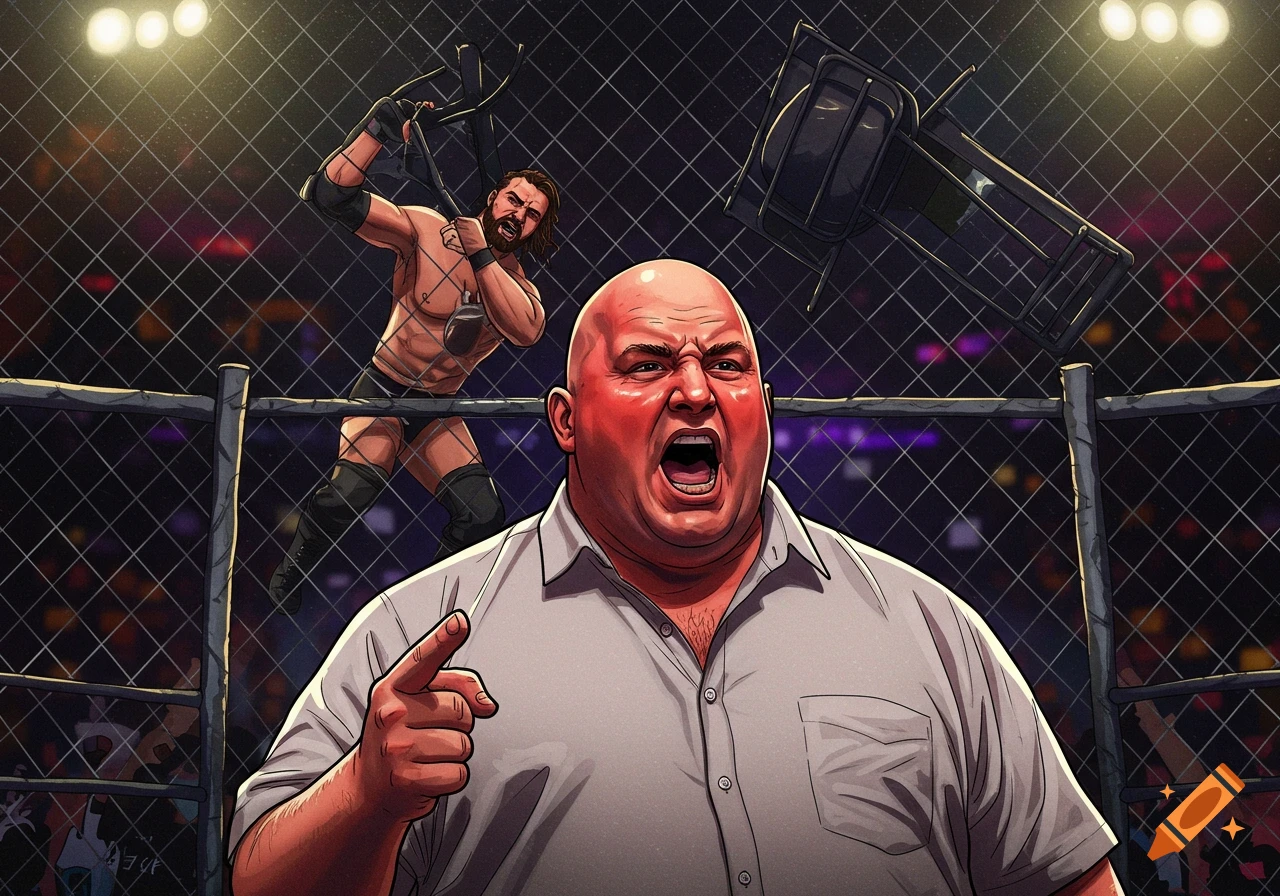 A cartoon-style illustration of a professional wrestling referee shouting in a cage match, with a wrestler behind him about to strike with a folding chair.