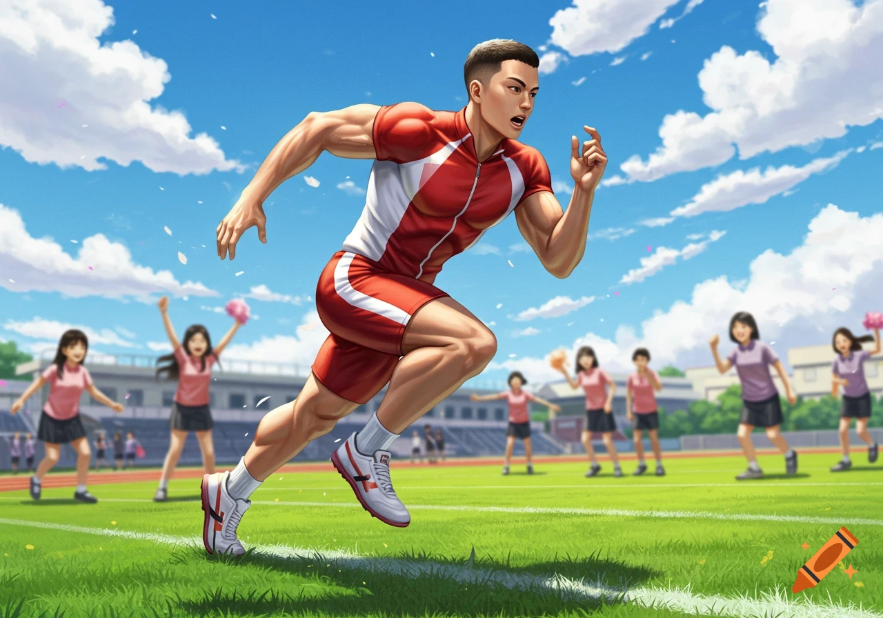An anime-style male athlete sprints on a grassy sports field under a blue sky, with cheering students in the background.