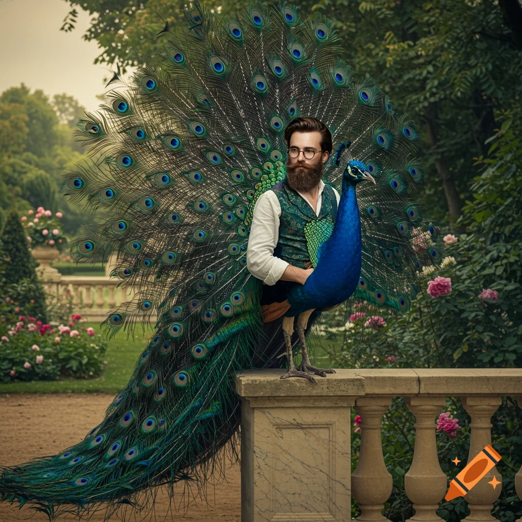 A bearded man with glasses embraces a peacock, whose large tail feathers fan out behind him in a lush garden. Photorealistic style.