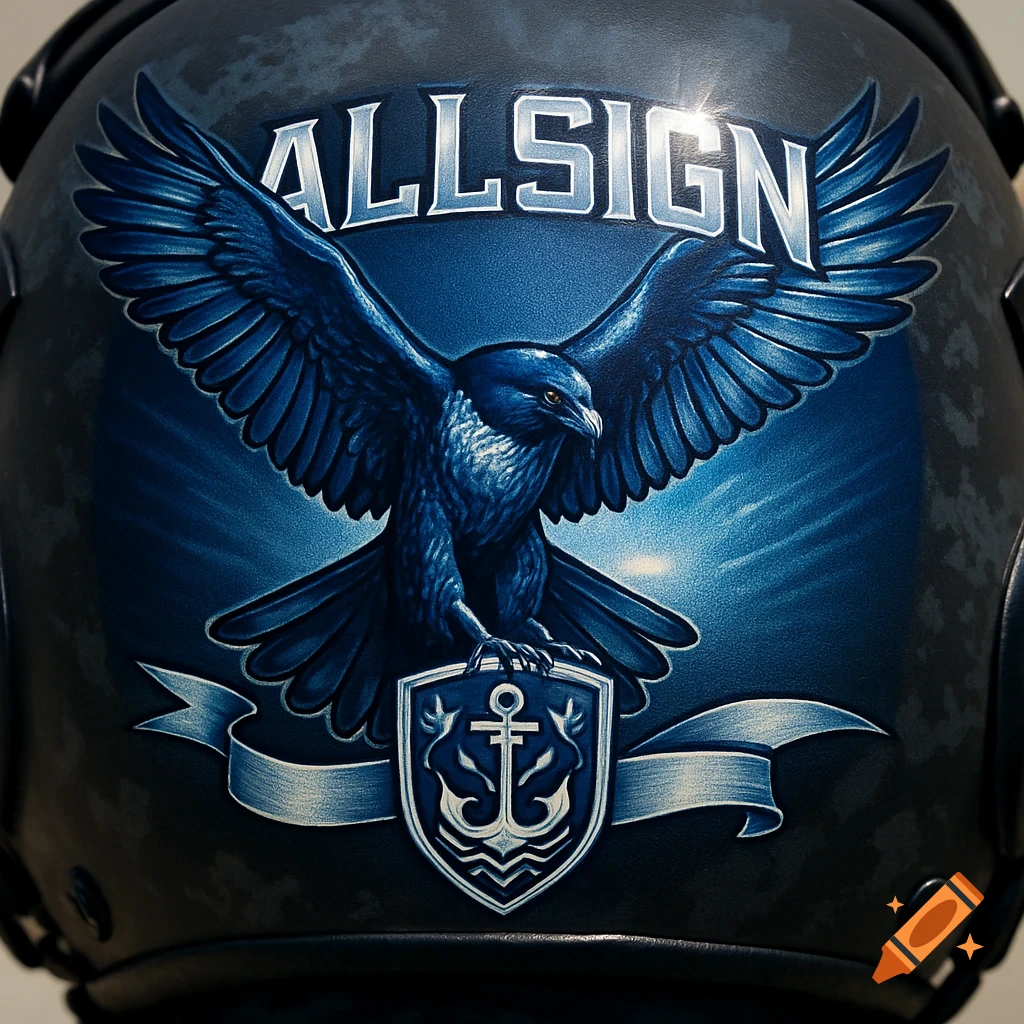 A dark blue flight helmet with a detailed painted design of a blue eagle/raven, a shield with an anchor, and the word ALLSIGN above it.