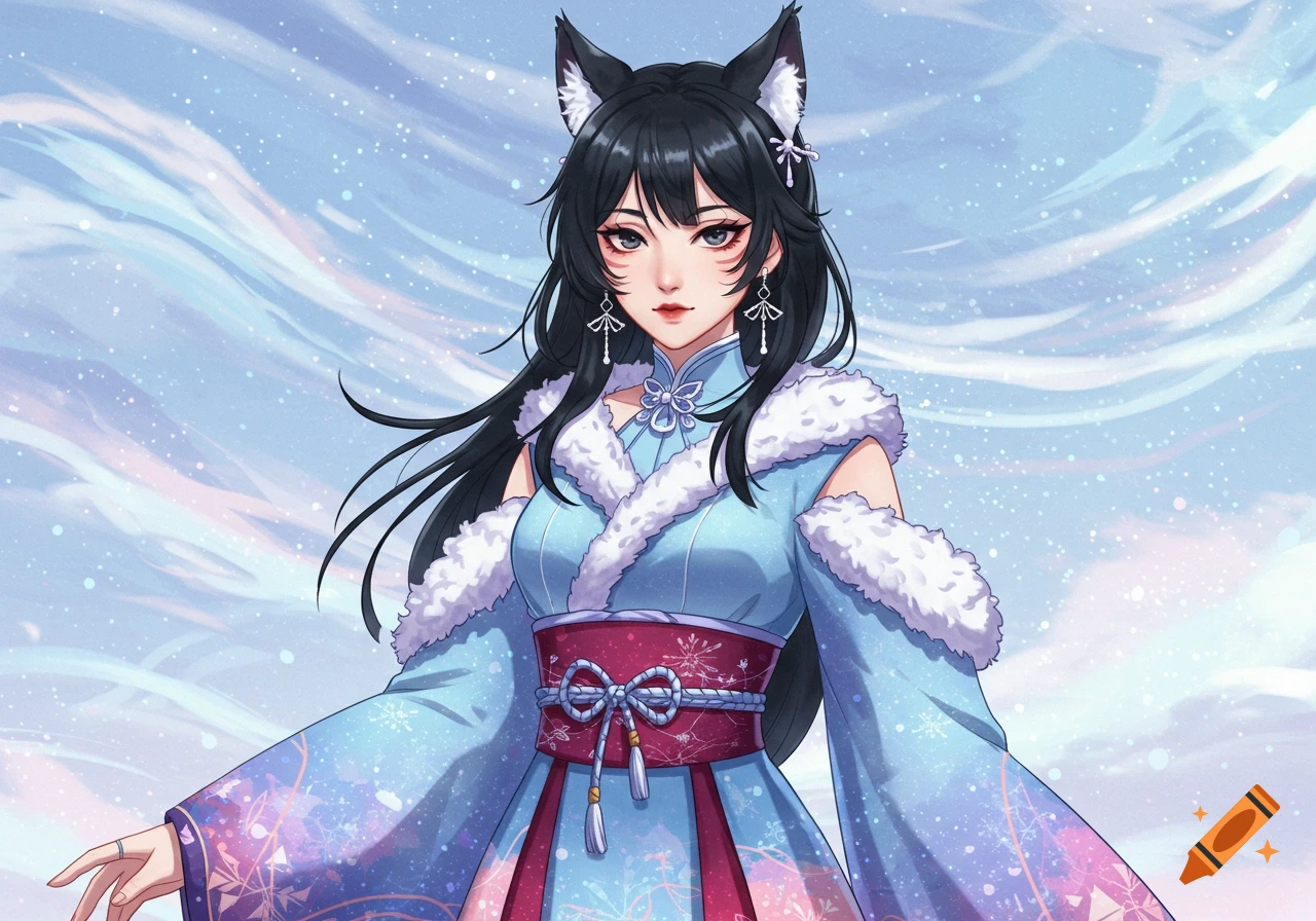 An anime girl with black hair and fox ears in a blue and pink traditional Japanese winter outfit with fur trim, against a snowy pastel background.