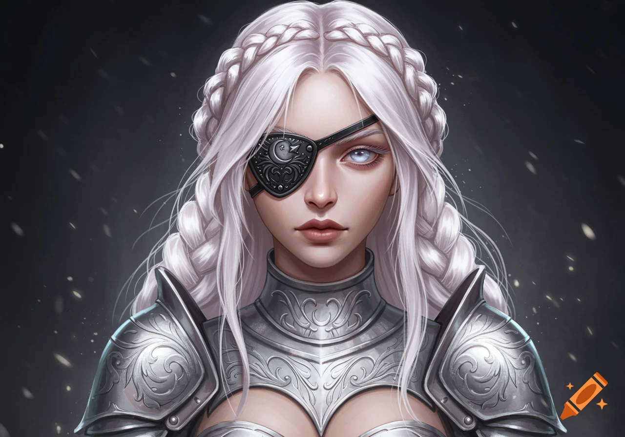 A young woman with long white braided hair, an eyepatch, and pale blue eyes, wearing ornate silver armor.