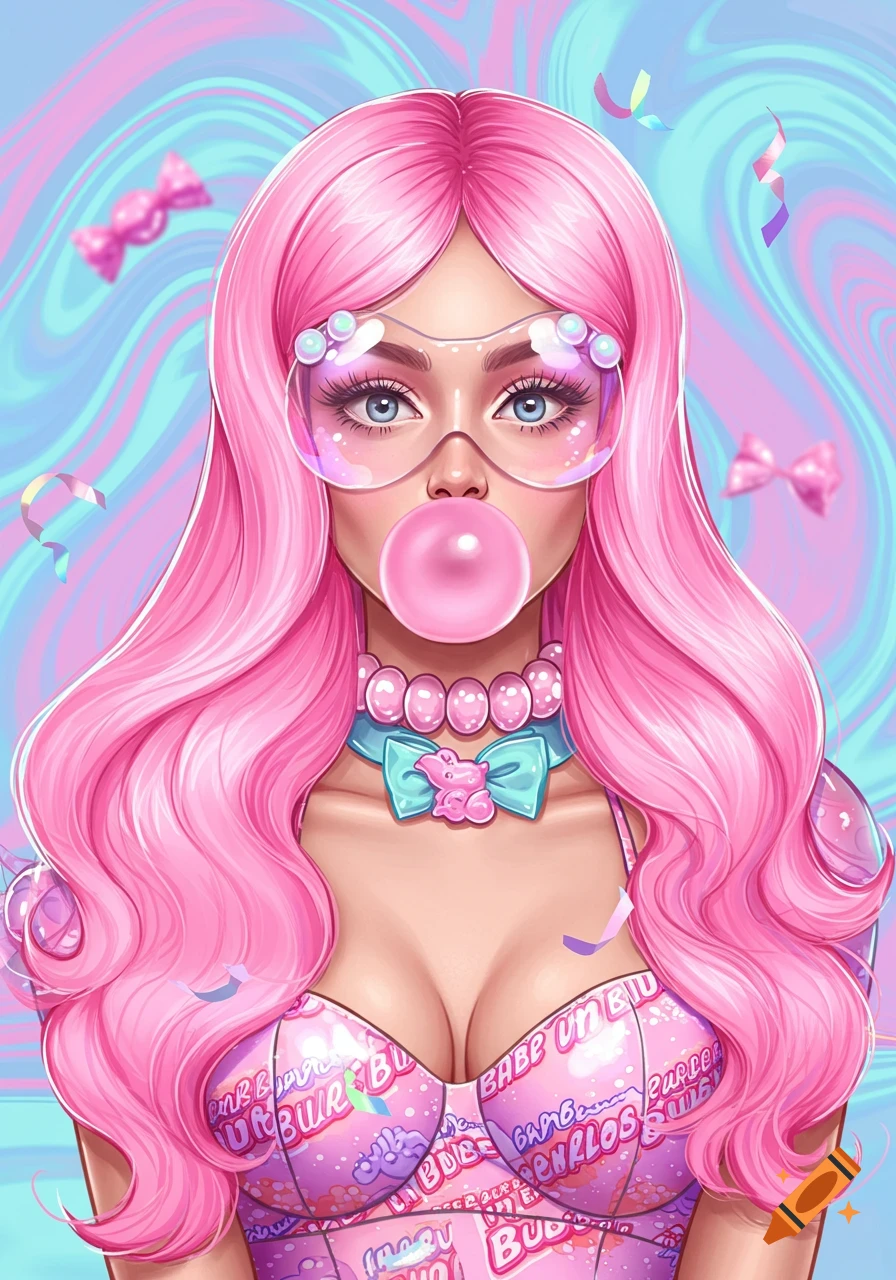 A vibrant illustration of a woman with long pink hair, clear goggles, and a pink bubble gum bubble. She wears a pink top with text patterns and a choker.