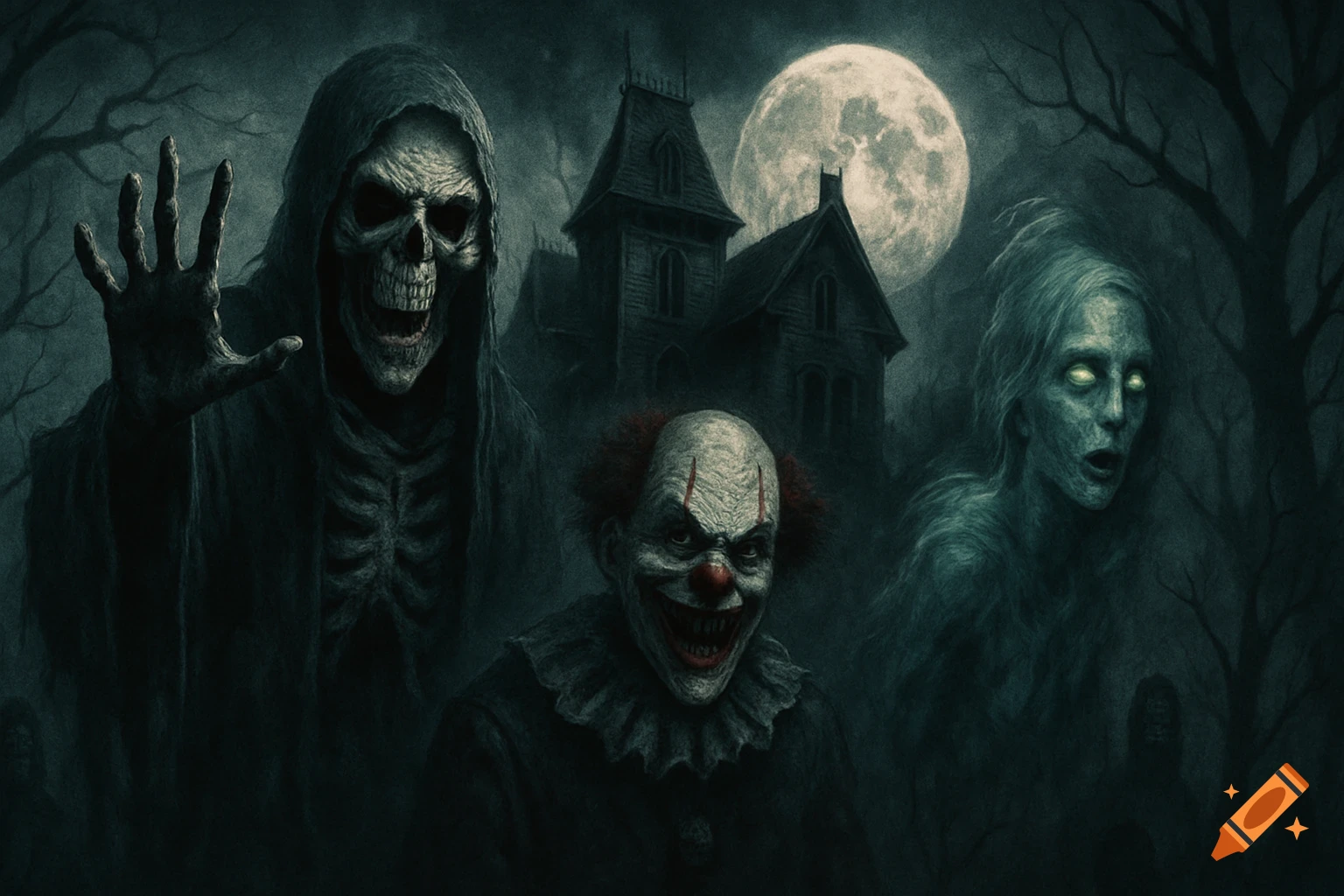 A dark, creepy illustration of a grim reaper, a scary clown, and a zombie-like woman in front of a haunted house under a full moon.