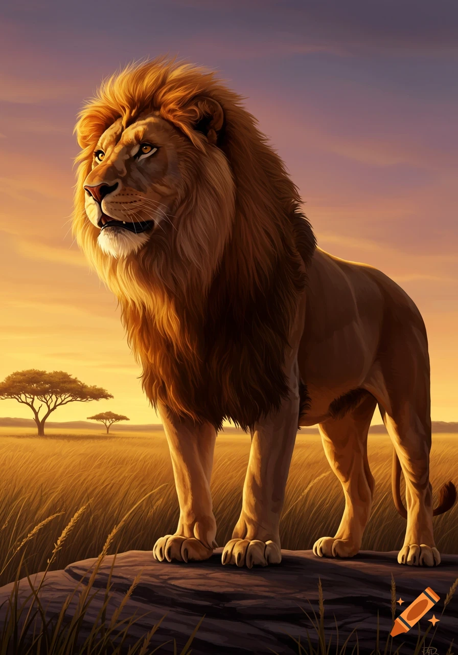 A majestic lion stands on a rock in a golden savanna at sunset, with acacia trees in the background.
