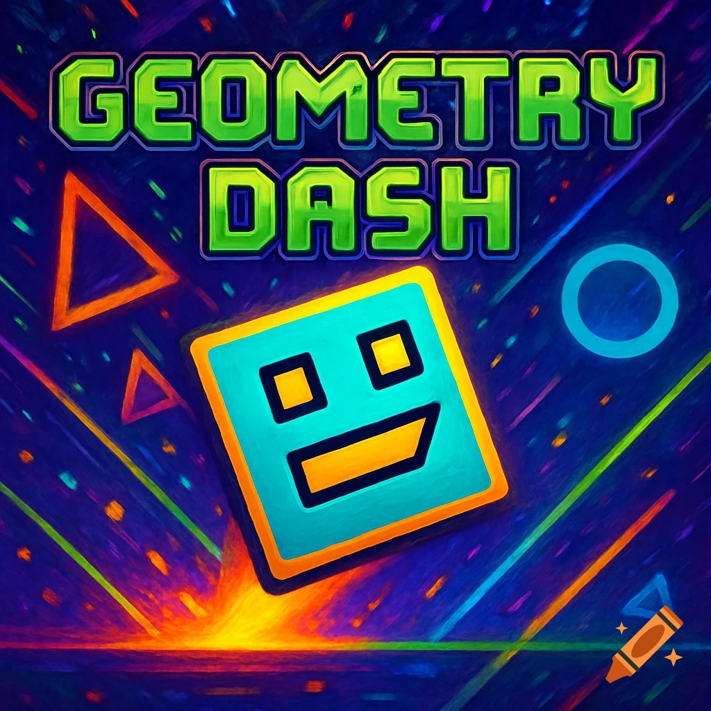 Vibrant Geometry Dash logo with green text, a blue square character, and colorful geometric shapes and glowing lines on a dark background.