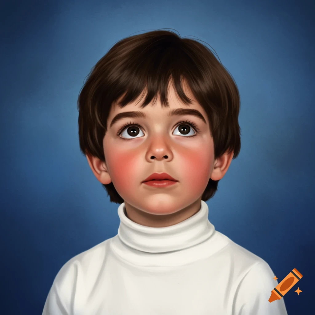 Digital painting of a young boy with dark brown hair and eyes, wearing a white turtleneck, looking up against a blue background.