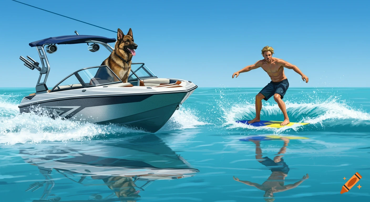A German Shepherd in a ski boat pulls a man wake surfing on clear blue water under a bright sky, realistic style.