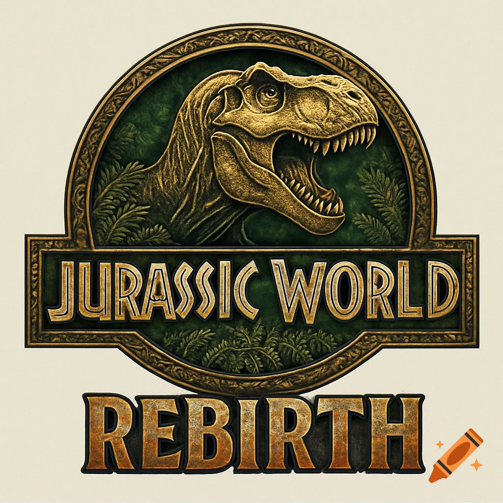 A Jurassic World logo with a golden T-Rex head over "JURASSIC WORLD" text, and "REBIRTH" below, on a green and gold background.