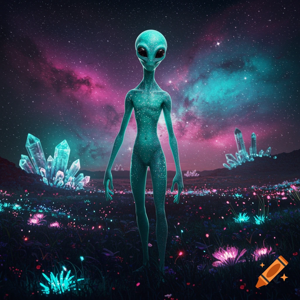 A slim, sparkly green alien stands in a vibrant alien landscape with glowing plants and large blue crystals under a colorful nebula sky.