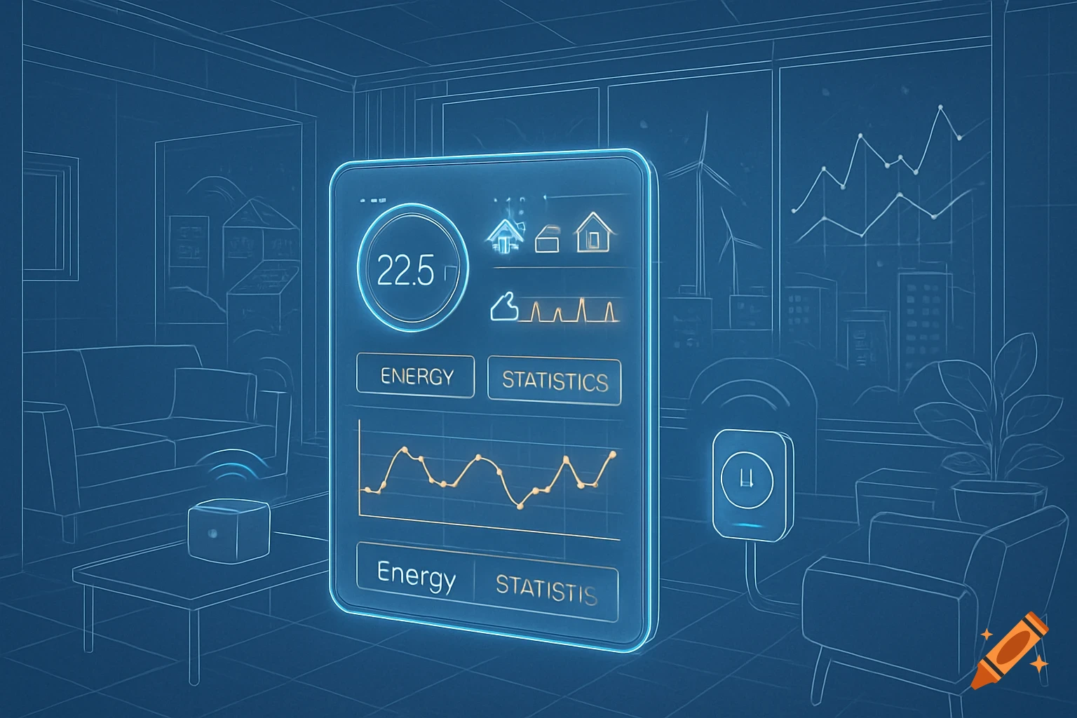 A blueprint-style illustration of a smart home energy management system interface showing temperature, energy usage graphs, and control buttons.