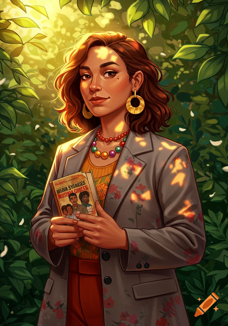 An illustrated portrait of a woman with curly brown hair, wearing a grey floral jacket and colorful necklace, holding a book amidst lush green foliage with dappled sunlight.