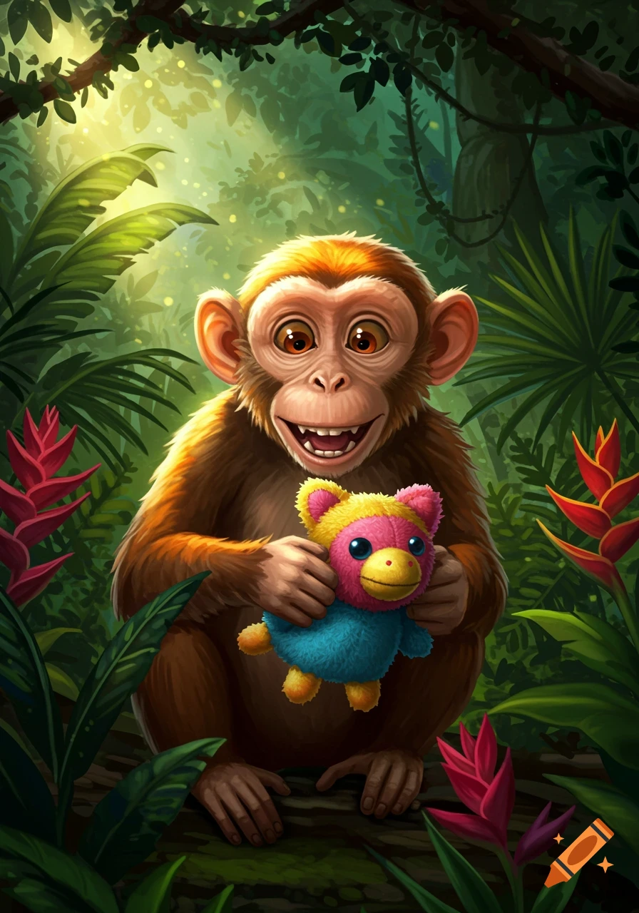 A cartoon monkey with a big smile holding a colorful plush toy in a lush jungle.