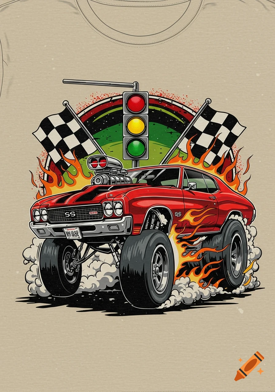 A stylized lowbrow art illustration of a red classic hot rod car with large tires, flames, smoke, racing flags, and a traffic light.