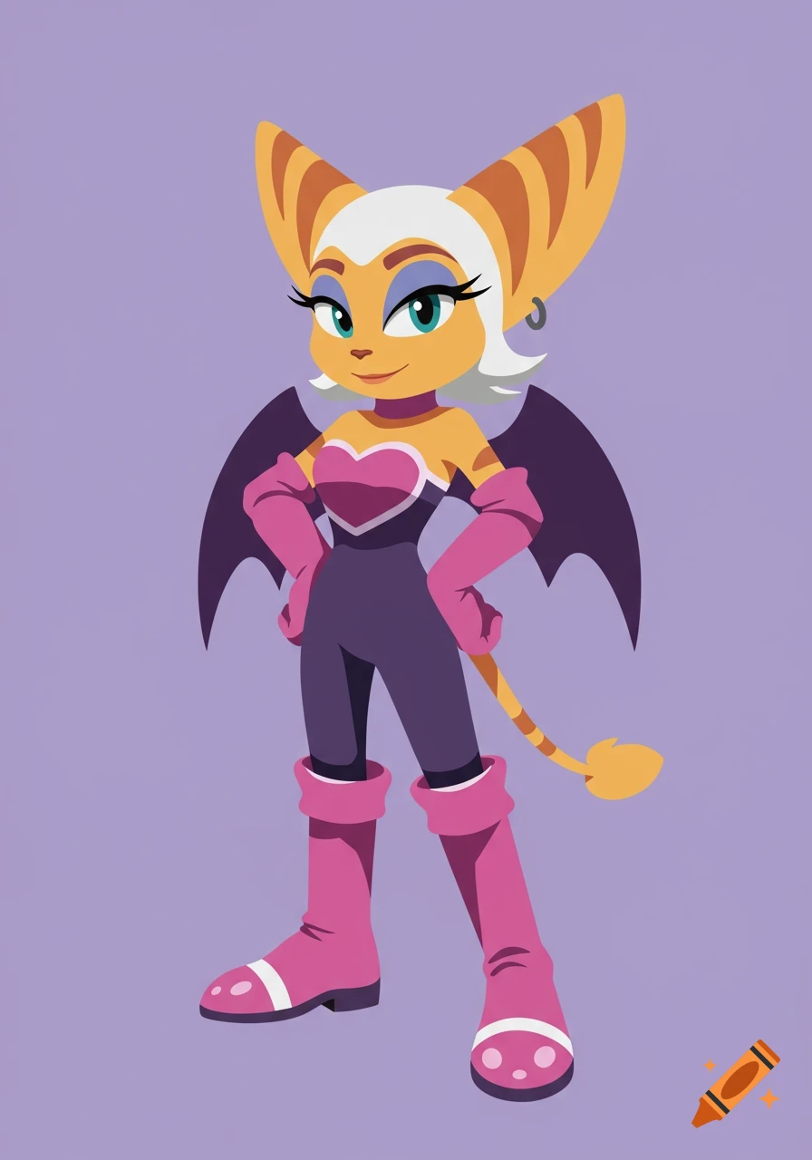 Cartoon character Rouge the Bat in a purple jumpsuit with a pink heart and pink boots against a purple background.