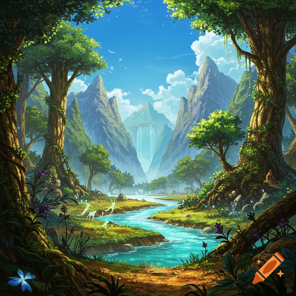 Vibrant fantasy landscape with a blue river, lush forest, towering mountains, waterfalls, and glowing ethereal figures.