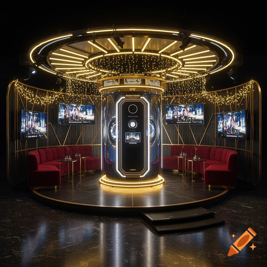 A luxurious 360 photo booth in a dark, opulent lounge with red velvet couches, gold accents, and neon lighting.