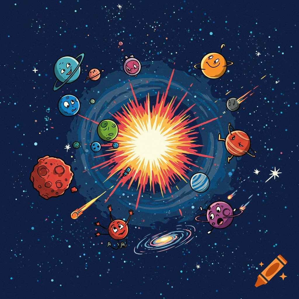 A vibrant cartoon of smiling planets orbiting a fiery explosion in space.
