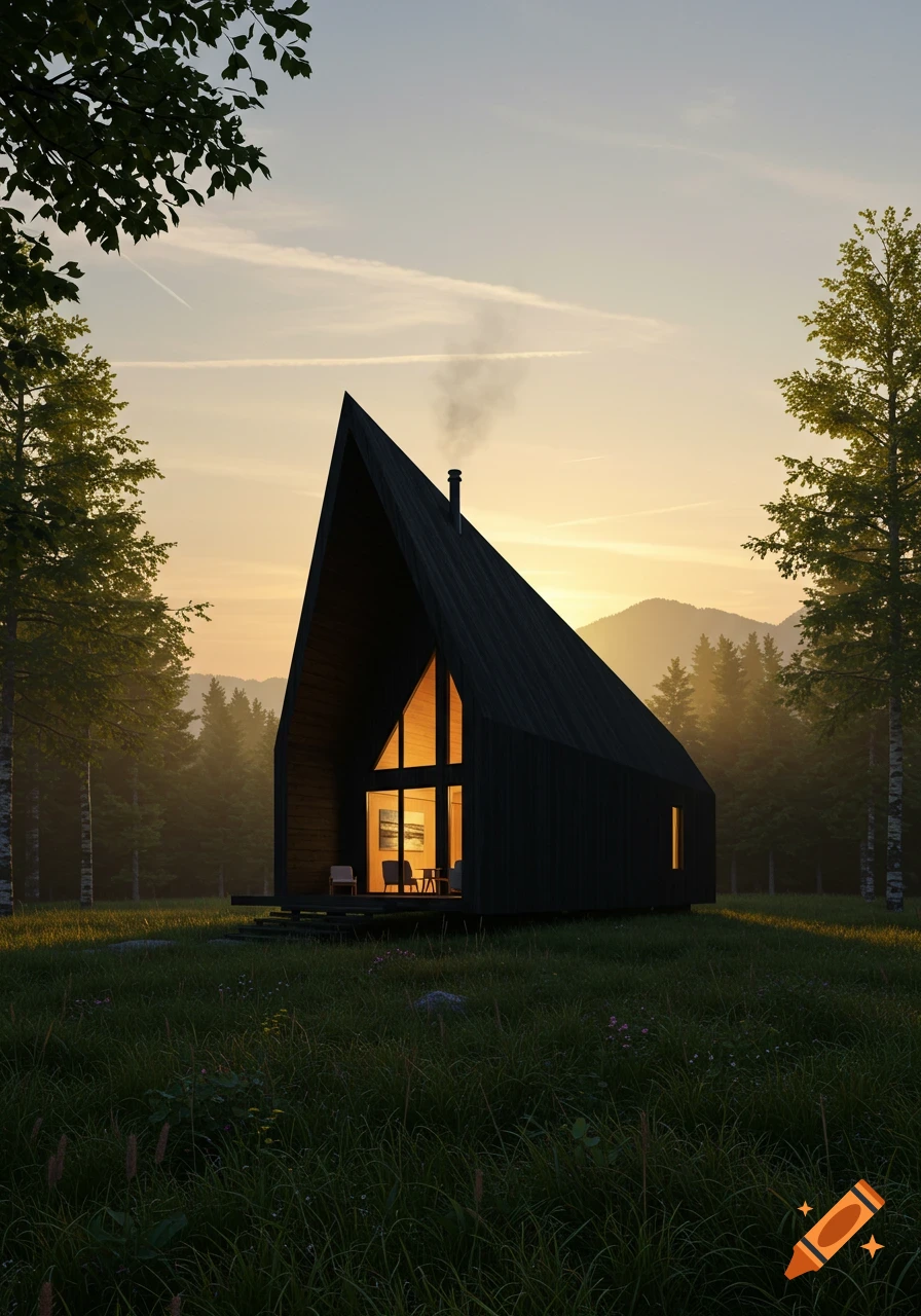 A modern black A-frame cabin sits in a grassy forest clearing at sunset, with interior lights glowing.