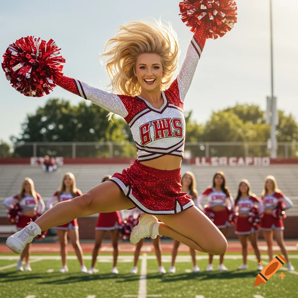 Blonde high school cheerleader in a red and white uniform jumps with pom-poms on a sunny football field with other cheerleaders in the background.