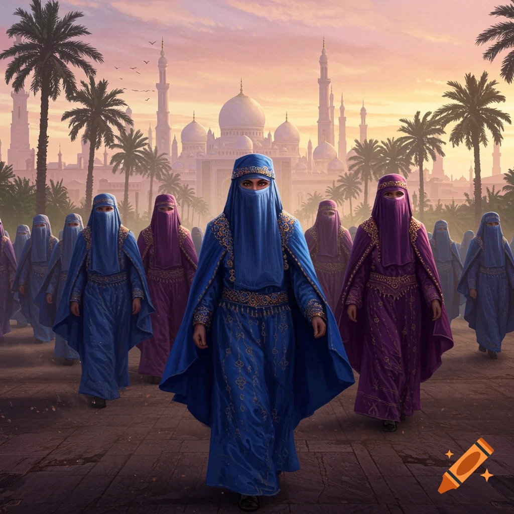 Group of women in vibrant blue and purple burqas and niqabs walking through an ornate Middle Eastern city with mosques and palm trees at sunset.