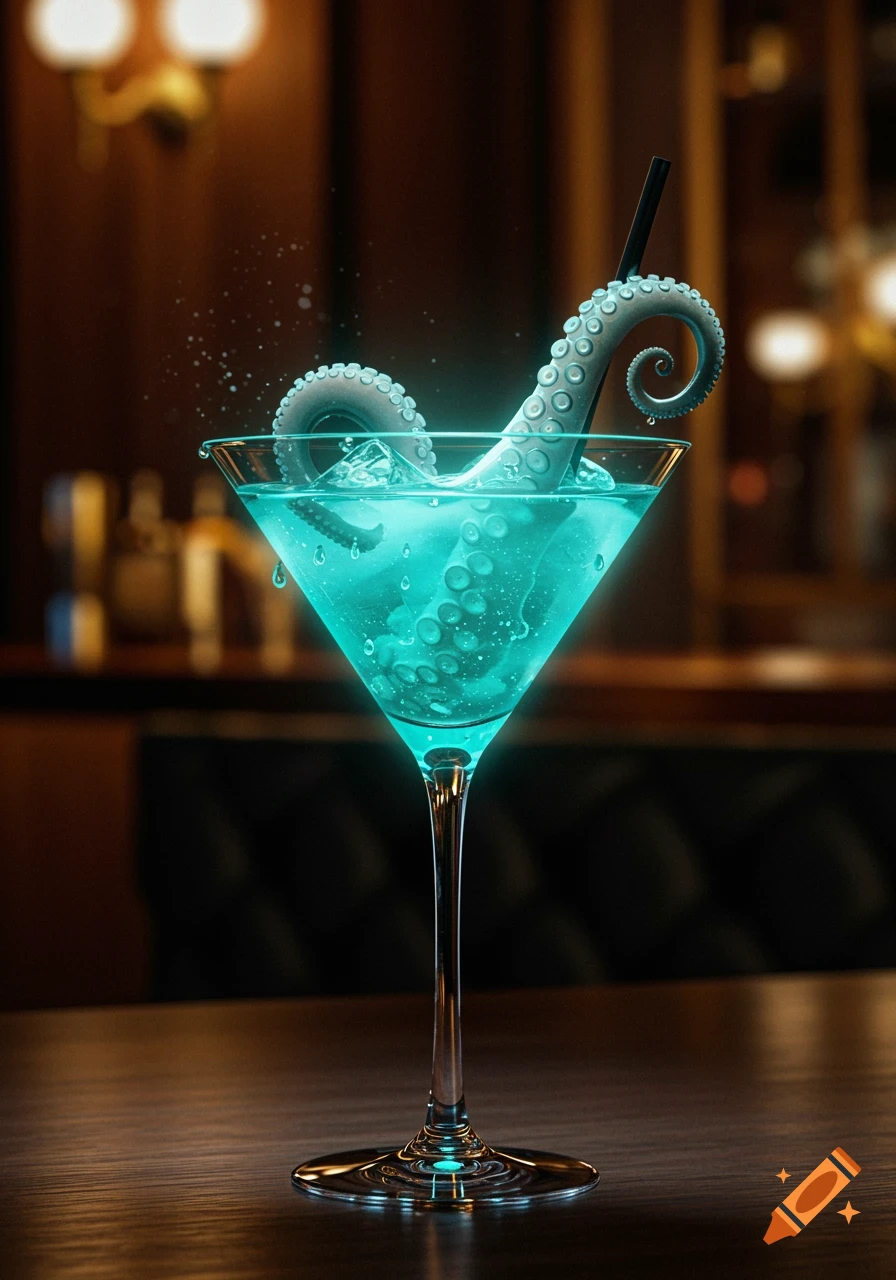 Glowing blue cocktail with an octopus tentacle in a martini glass on a bar counter.