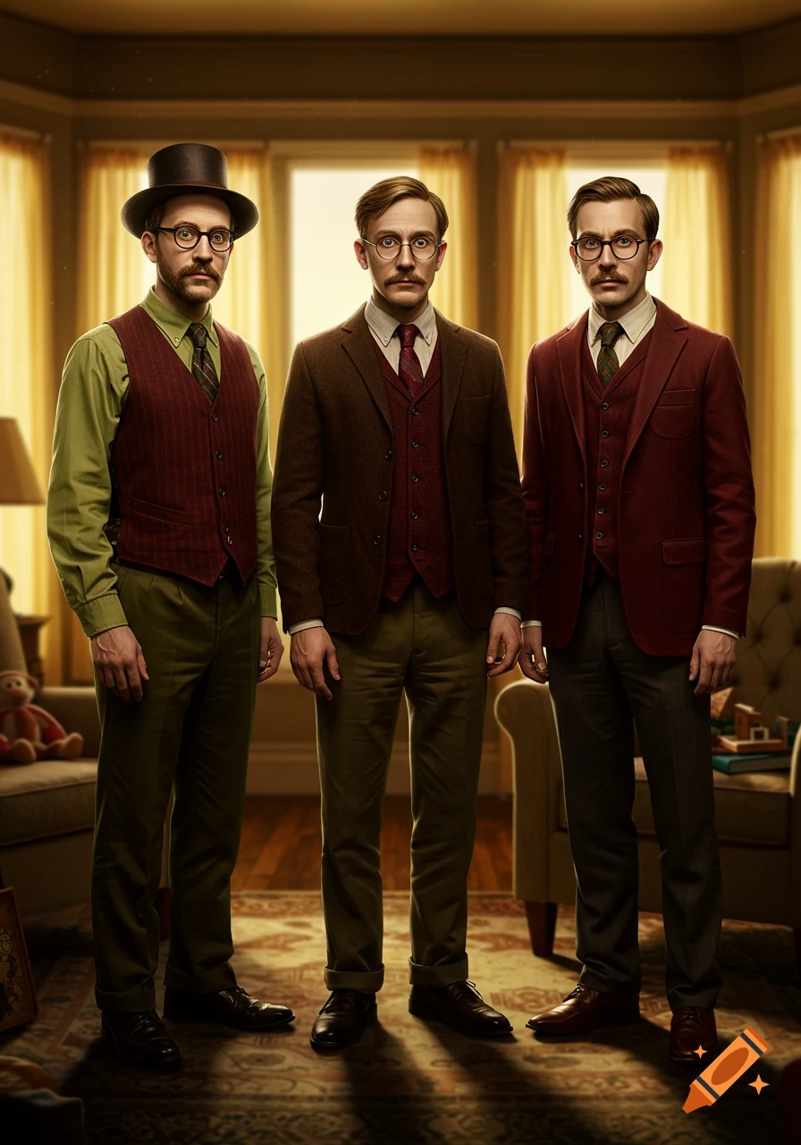 Three men in vintage suits and glasses, including one in a top hat, stand in a warmly lit room.