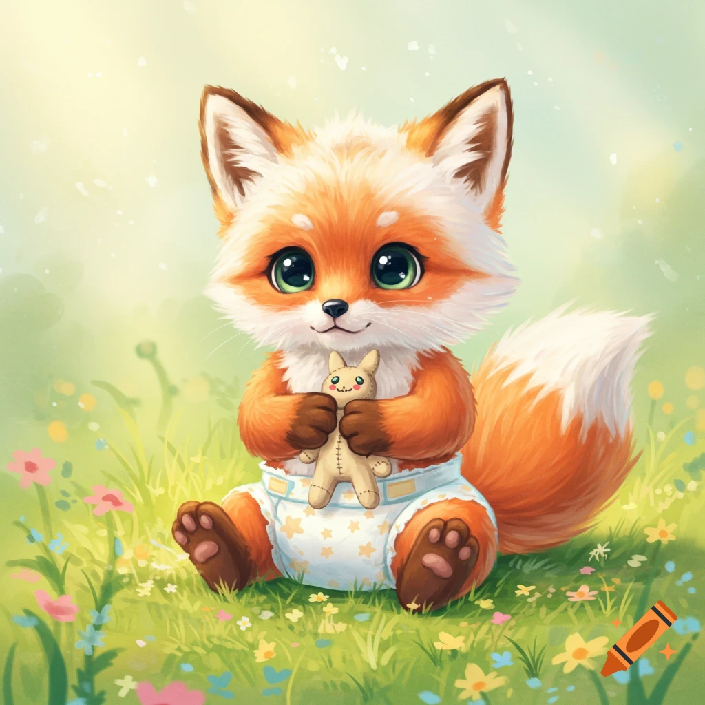 A cute baby fox wearing a diaper and holding a small toy sits in a field of green grass and flowers, depicted in a charming storybook style.