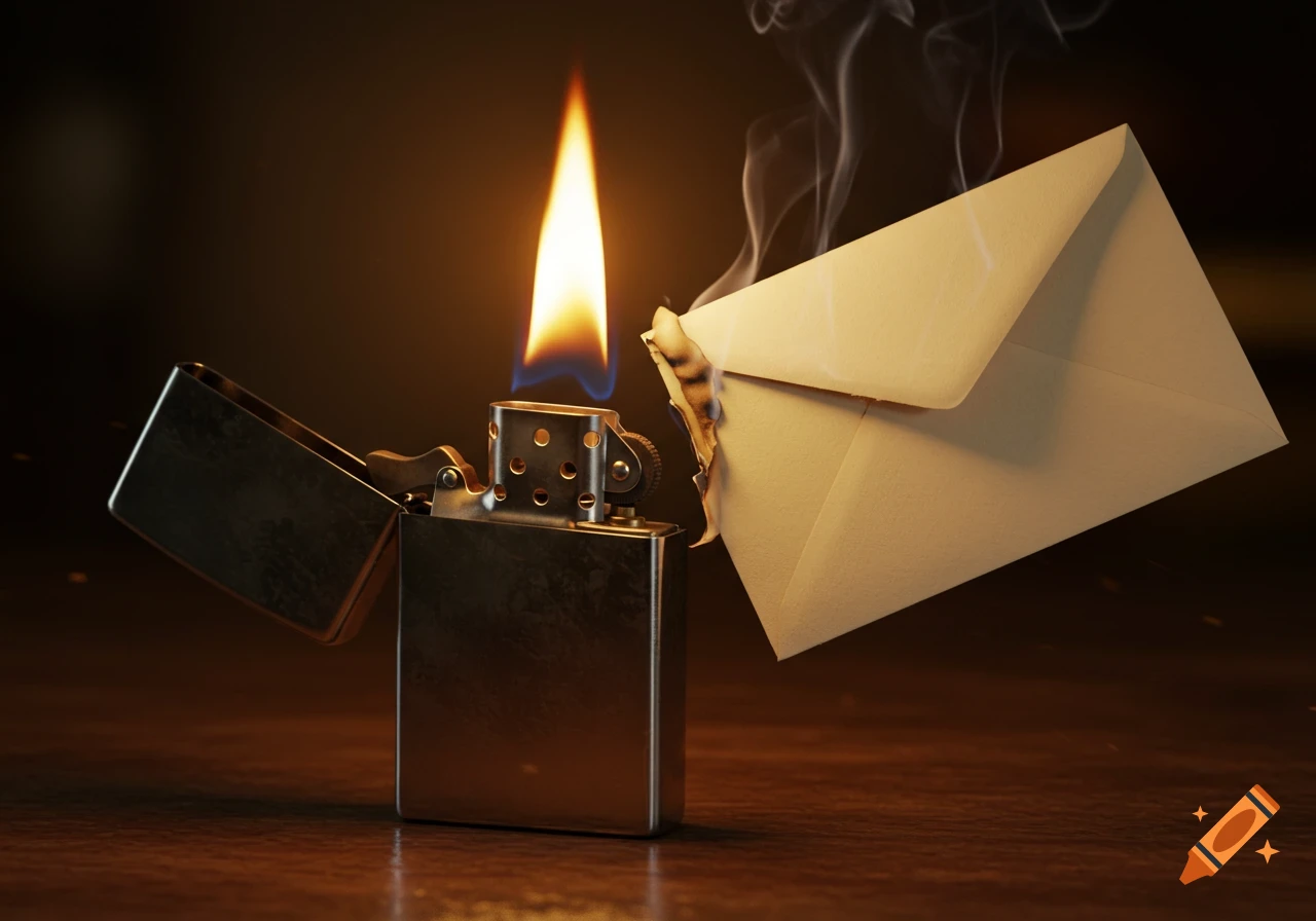 A chrome Zippo lighter with a bright flame burning the edge of a cream-colored envelope, with smoke rising.
