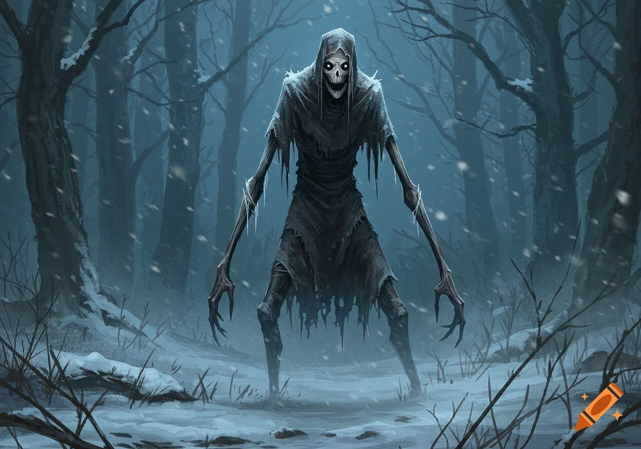 A gaunt, skeletal figure in ragged robes stands in a dark, snowy forest with snow falling.