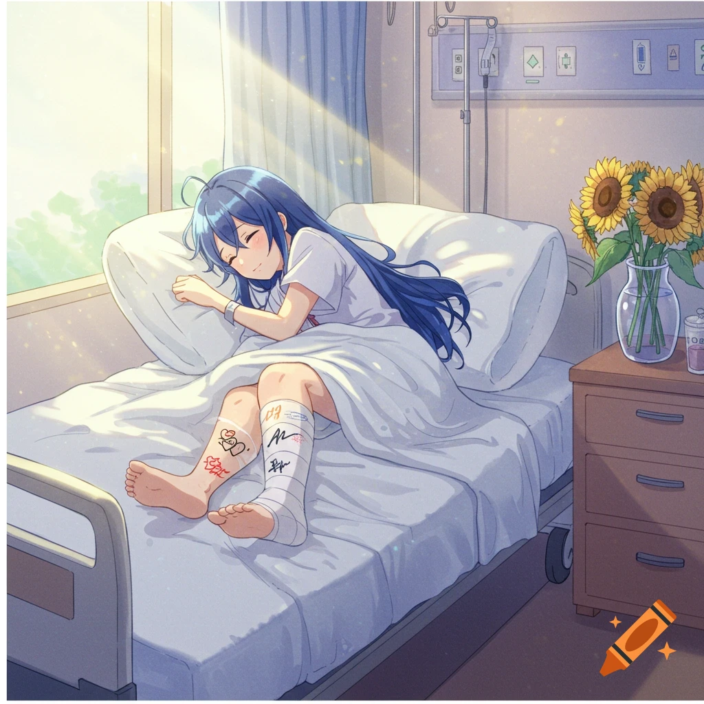 An anime girl sleeps peacefully in a sunlit hospital bed, her leg in a cast, with sunflowers on a bedside table.