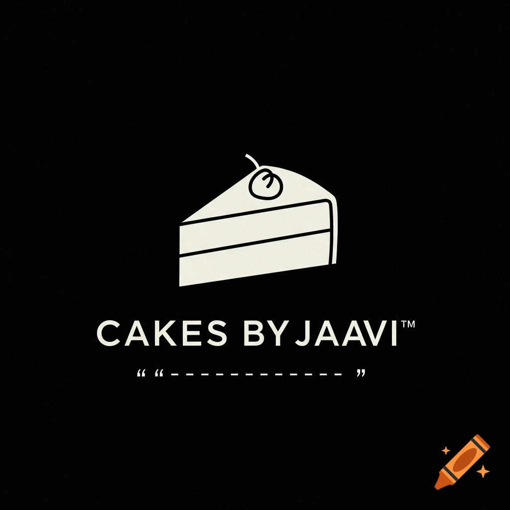 Minimalist black and white logo with a slice of cake topped with a cherry and the text 'CAKES BY JAAVI".