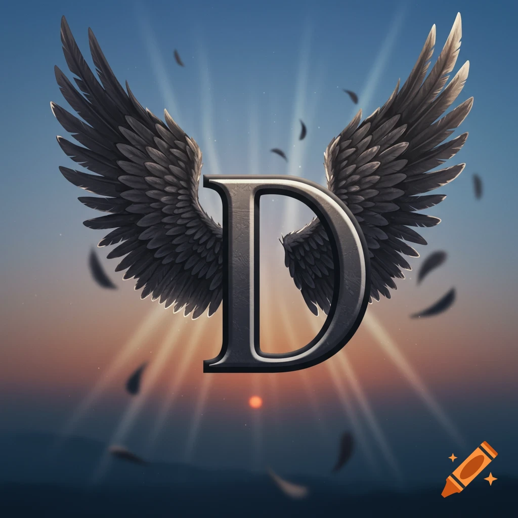 A dark, stylized letter D with large feathered wings, set against a glowing sunset sky with rays of light and falling feathers.