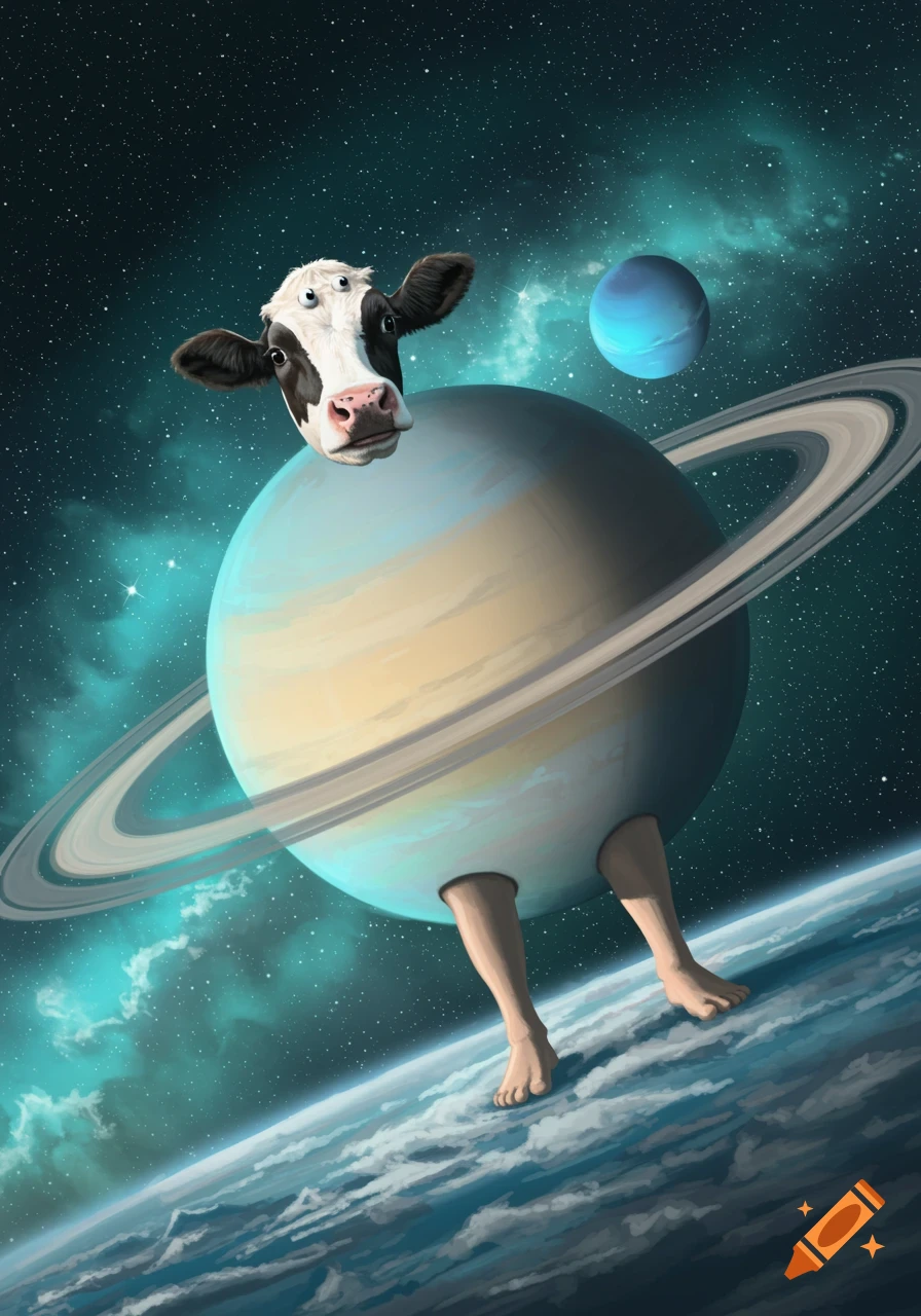 A surreal depiction of the planet Saturn with the colors of Uranus, featuring a cow's head with three eyes and human legs standing on a cloudy planet, all set against a starry, teal-hued space background.
