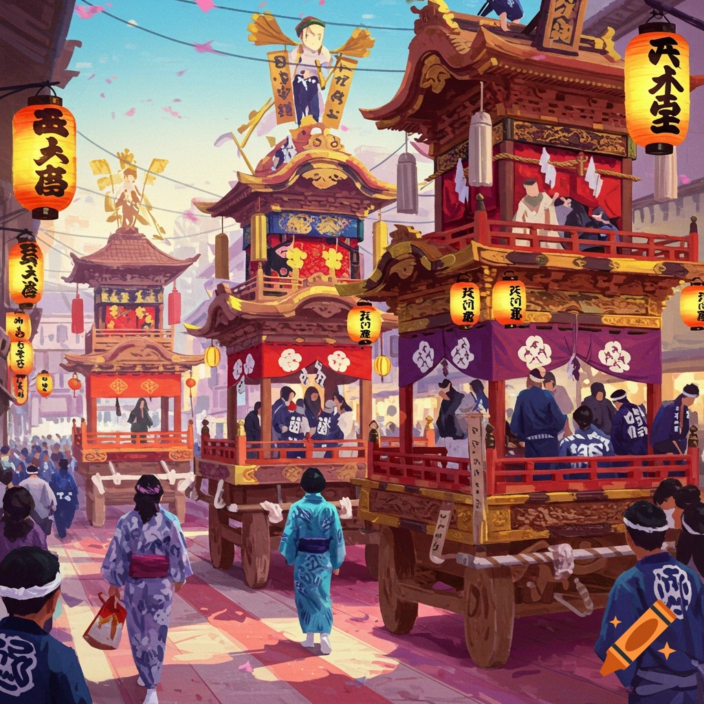A vibrant painting of a Japanese festival parade with ornate floats and people in kimonos on a sunny street.