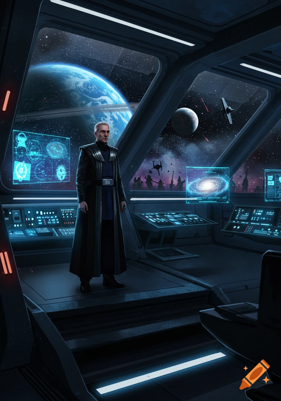 A man in a long coat stands on a spaceship bridge overlooking a vibrant space scene with planets and distant battles.