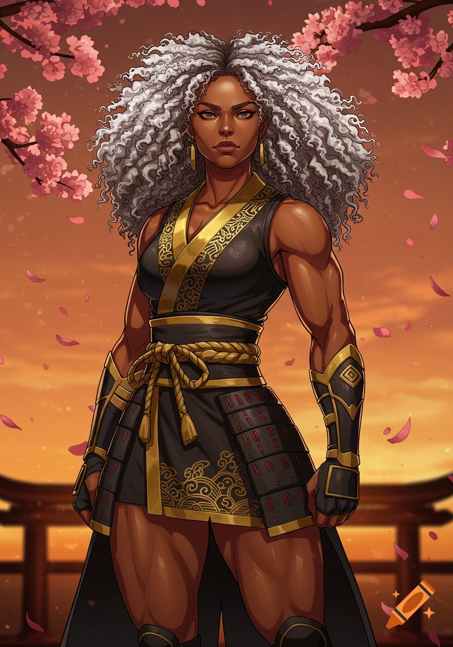 A dark-skinned woman with silver curly hair in a black and gold battle kimono stands under cherry blossoms in anime style.