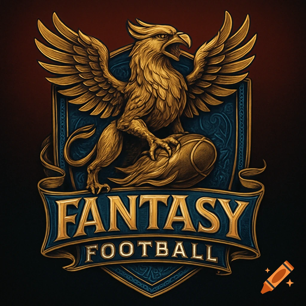 Ornate golden griffin logo with a football on a shield, featuring 'FANTASY FOOTBALL' text on a blue banner.