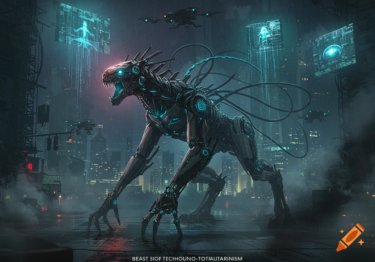 A large, glowing robotic beast with tendrils and glowing blue circuits stands in a rainy, futuristic city street with flying drones and holographic screens.